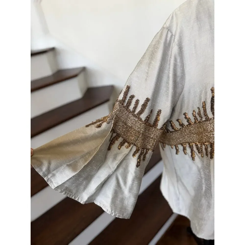 Silver Grey Bronze Beaded Sequin Abstract Boho Lagenlook Flutter Sleeve Jacket